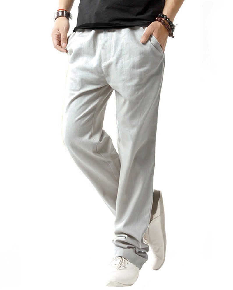 SIR7 Men's Linen Casual Lightweight Drawstrintg Elastic Waist Summer Beach Pants Light Grey L - Image 1